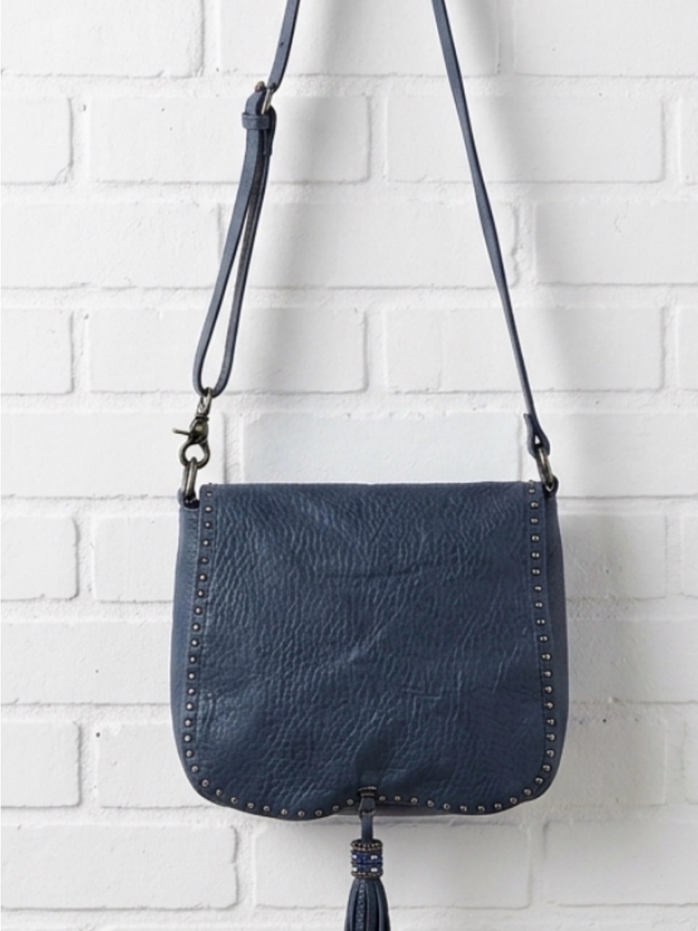 Badgley Mischka Navy Textured Leather Crossbody with Tassel Detail